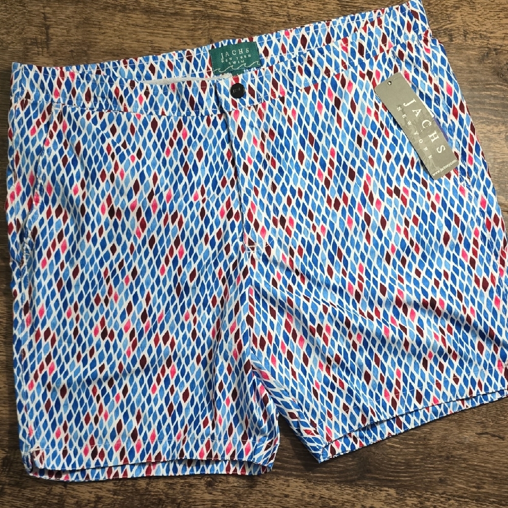 JACH'S Patterned Swim Trunks Blue, Pink, Red & White Sz L New Lined
